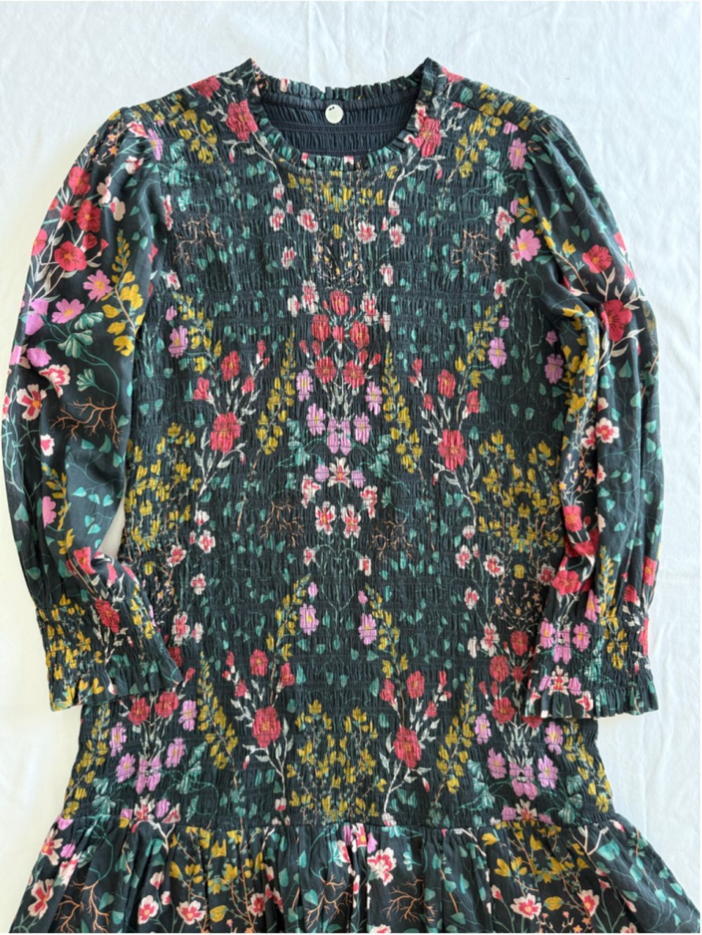 Women's Margaret O'Leary Floral Long Sleeve Smocked Dress, Size L, Black/Pink - Picture 3 of 10
